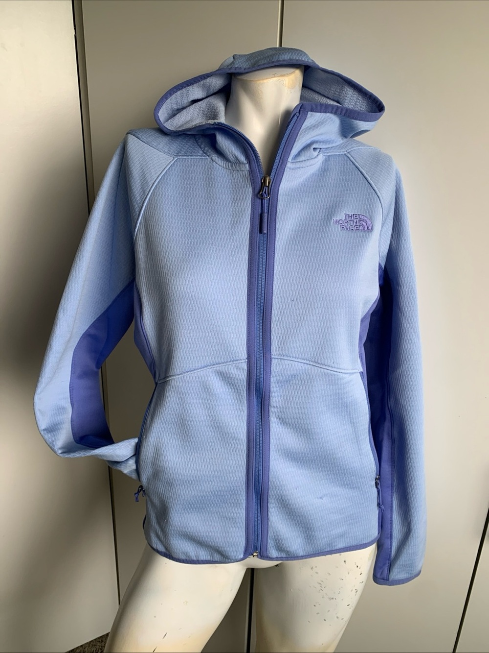 North Face quilted/grid blue full zip hoodie sweatshirt